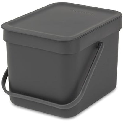 Brabantia Sort & Go Food Waste Bin (6L / Grey) Small Countertop Kitchen Compost Caddy with Handle & Removable Lid, Easy Clean, Fixtures included for Wall/Cupboard Mounting, Grey