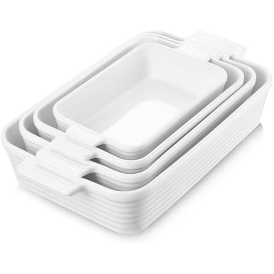 Jassceram Ceramic Casserole Dish Set of 4 Deep Rectangular Lasagna Pan Baking Dishes with Handles Large Porcelain Oven Safe Bakeware for Cooking Brownie Banquet Mac&Cheese(9.6"/11.5"/13.1"/15.2")