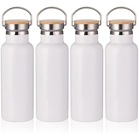 PYD Life Sublimation Water Bottle Blanks White 17 OZ Stainless Steel Sports Bottle Vacuum Flask with Bamboo Lid for Tumbler Heat Press Sublimation Print 4 Pack