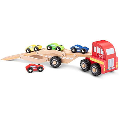 New Classic Toys - Wooden Car Transporter with 4 Vehicles - Montessori Toys, Car Game - Set of 1