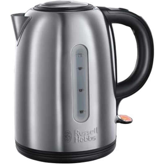 Russell Hobbs Brushed Stainless Steel & Black Electric 1.7L Cordless Kettle (Fast Boil 3KW, Removable washable anti-scale filter, Push to open lid, Perfect pour spout) 20441
