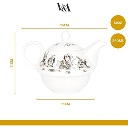 V&A Alice in Wonderland Teapot and Cup Set For 1 in Gift Box, Fine China Tea Set, White, 250 ml