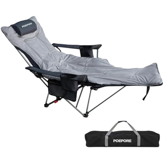 POEPORE Reclining Camping Chair 4-Position with Foot Rest Detachable Folding Deluxe Camping Chair Lounger Lightweight with Cotton Padded Luxury Cup Holder Grey