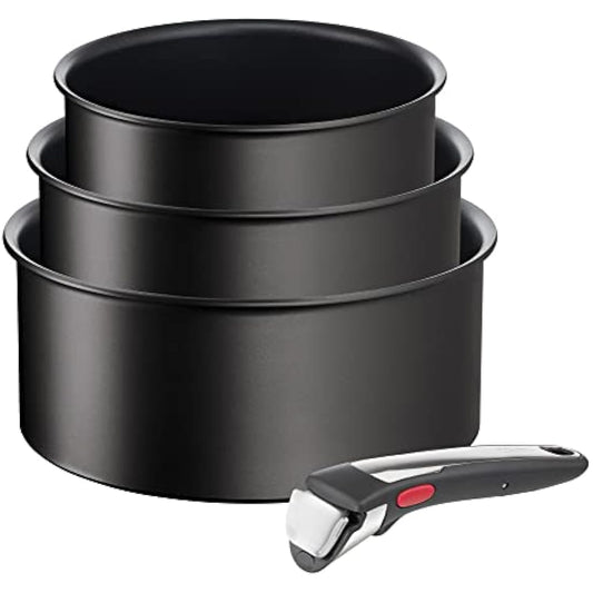 Tefal Ingenio Unlimited ON 4 Piece Non-Stick Induction Saucepan Set, 16&18&20 cm Saucepans, 1 Bakelite Removable Handle, Easy Cleaning, Heat Indicator, Black, L3959443