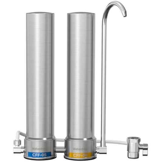 [Silver ions] Waterdrop Dual-Stage Countertop Water Filter System, Reduce Chlorine, Bad Taste & Odor, Silver Ions Enhanced Filtration, Stainless Steel, WD-CTF-09(2 Filter)