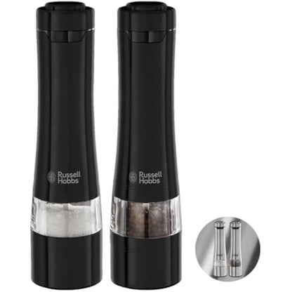 Russell Hobbs 28010-56 Electric Salt and Pepper Mill Set [2 Automatic Grinders] Black Stainless Steel (Adjustable Grinding Fineness, Ceramic Grinding Wheels, for Dried Spices, LED Lighting)