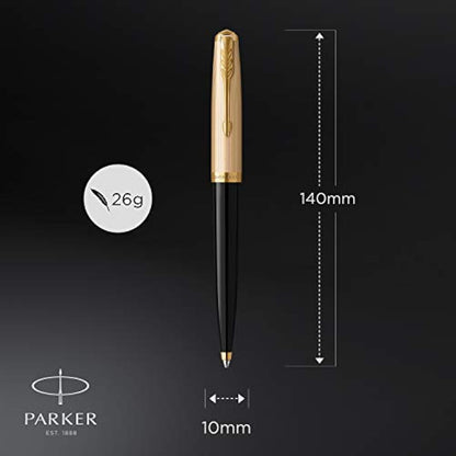 Parker 51 Ballpoint Pen | Deluxe Black Barrel with Gold Trim | Medium 18k Gold Point with Black Ink Refill | Gift Box