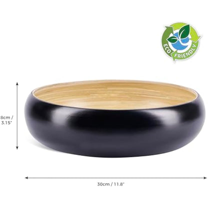 Dehaus® Large Stylish Bamboo Fruit Bowl - 30cm, Black - Wooden Salad Serving Bowl - Fruit Basket for Kitchen or Bread Basket - Table Centrepiece Decoration - Home & Kitchen Tableware Accessories