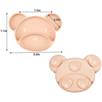 PandaEar Silicone Suction Plate, Spoon and Fork Set, Toddler Self-Feeding, BPA Free, Dishwasher & Microwave Safe, Bear Shape (Pink)