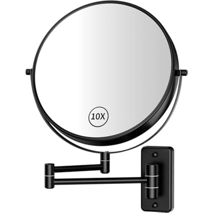 AumVum 8 inch Makeup Mirror Wall Mounted, 1X/10X Double-Sided Wall Mount Magnifying Bathroom Shaving Mirror with Extendable Arm, 360° Swivel for Bathroom Vanity and Makeup, Matte Black（No Light）