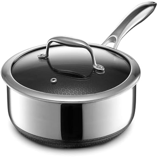 HexClad Hybrid Nonstick 3-Litre Saucepan with Tempered Glass Lid, Stay-Cool Handle, Dishwasher-Friendly, Oven-Safe Up to 480°C, Induction Ready, Compatible with All Cooktops