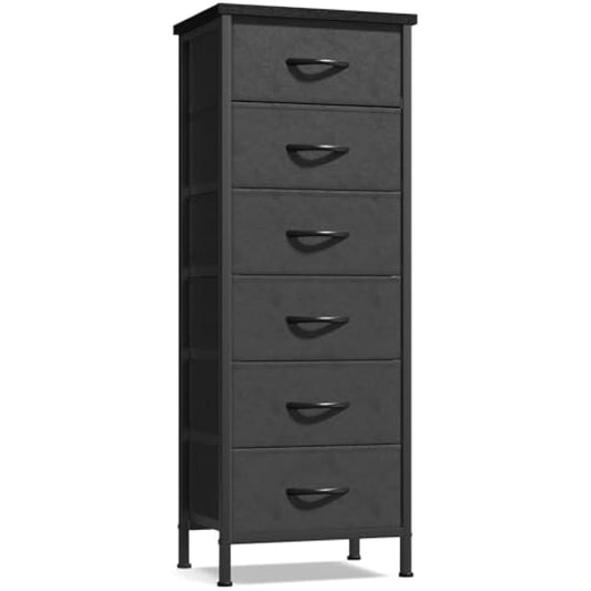 COWISH Tall Dresser with 6 Drawers, Vertical Bedside End Table and Chest of Drawers for Bedroom, Black Furniture with Fabric Drawer Nightstand Organizer Unit in Living Room, Closet, Entryway, Hallyway