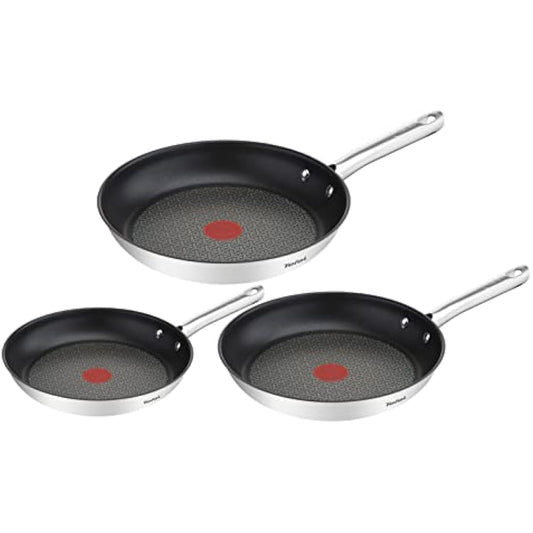 Tefal A704S3 Duetto 3-Piece Frying Pan Set | 20, 24 and 28 cm | Non-Stick Coating | Built-in Temperature Indicator | Suitable for All Hob Types Including Induction | Stainless Steel/Black