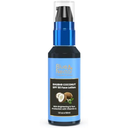 Blue Nectar Coconut Sunscreen SPF 50 Lotion | No White Cast, Plant Based Sunscreen with Vitamin C for Skin Brightening (18 Herbs, 50ml)