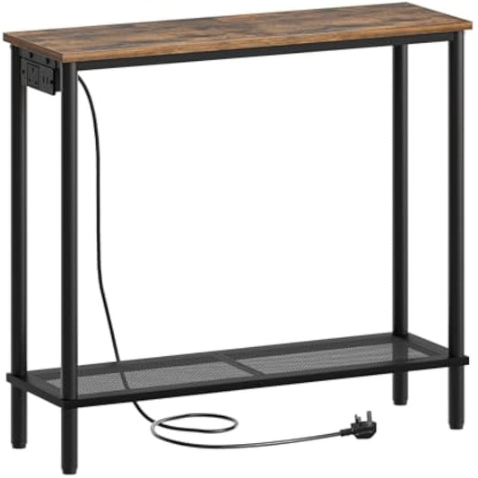 YATINEY Slim Console Table, Hallway Table with Power Outlet, 2-Tier Entryway Table with Storage Shelf, Behind Sofa Table for Living Room, Entryway, Rustic Brown and Black XCT02KBR