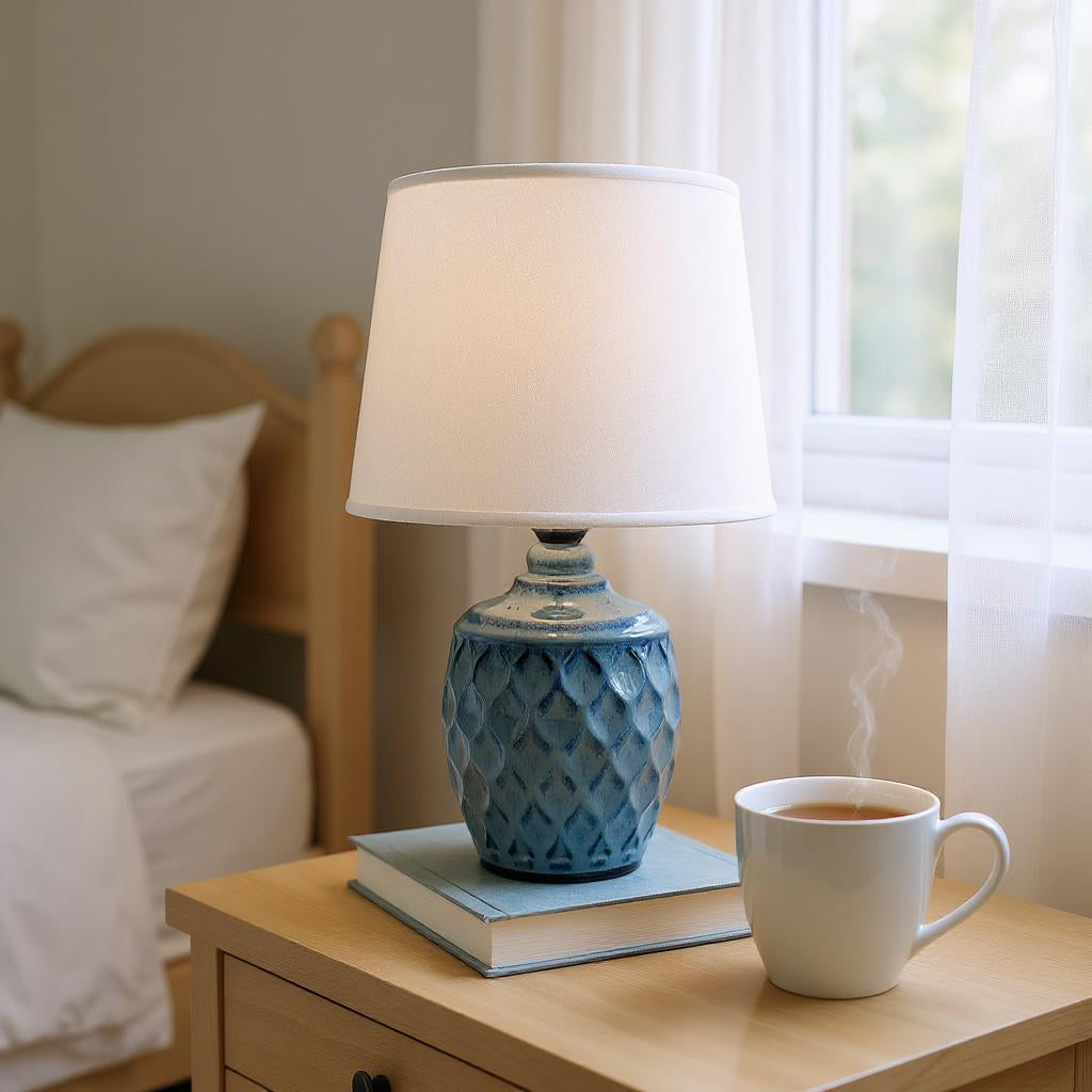 AcaciaHome Sophisticated and Durable 40cm Blue Ceramic Table Lamp with White Drum Shade - Elegant Home Decor with Functional Design for bedrooms, Living Rooms, or Studies Room (Round/Tall Blue Vase)