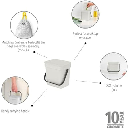 Brabantia - Sort & Go Waste Bin 3L - Small Recycling Bin - Stay Open Lid - Carry Handle - Easy to Clean - for Worktop or Under Kitchen Counter - Food Waste Caddy - Light Grey - 19 x 14 x 18 cm