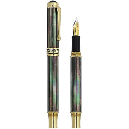 Xezo Maestro Fountain Pen, Fine Nib. Handcrafted from Oceanic Tahitian Black Mother of Pearl. 18-Karat Gold Plated. Serialized, Iridescent, No Two Alike