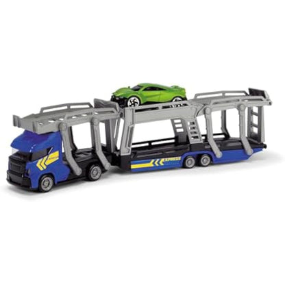 Majorette Car Carrier 2-asst - Free-wheeling car transporter with three die-cast toy cars - included in the set. - 28cm long