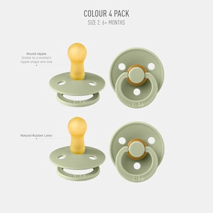BIBS Dummies Colour 4-Pack, BPA Free Dummy Pacifier, Round Nipple Soothers, Natural Rubber Latex, Made in Denmark, Size 2 (6-18 Months), Sage