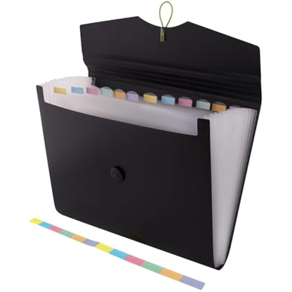 D.RECT | Expandable Expanding File | Document Organiser | Folders Expander for School - Office - Home | Expanding File Folders | Pockets Filing Box | 12 Compartments | Size: A4 | Colour: Black 5580