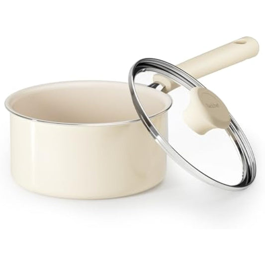 Redchef Ceramic Nonstick Saucepan with Lid,16cm Small Cooking Pot, Non Toxic Sauce Pans for Kitchen, Cool Handle PFAS Free Compatible with All Cooktops, White