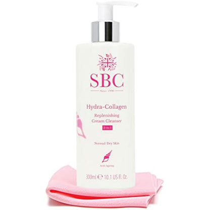 SBC Skincare Hydra-Collagen Replenishing Cream Cleanser with Skin Shammy 300ml, Anti-Ageing Collagen Facial Cleanser, Removes Make-Up, Cleanses, Hydrates