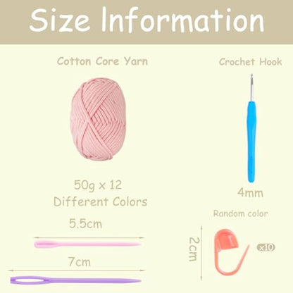 Chunky Cotton Yarn for Crochet, 12x50g Thick Wool for Amigurumi, Easy Crochet Starter Kit with 4mm Hook, Green