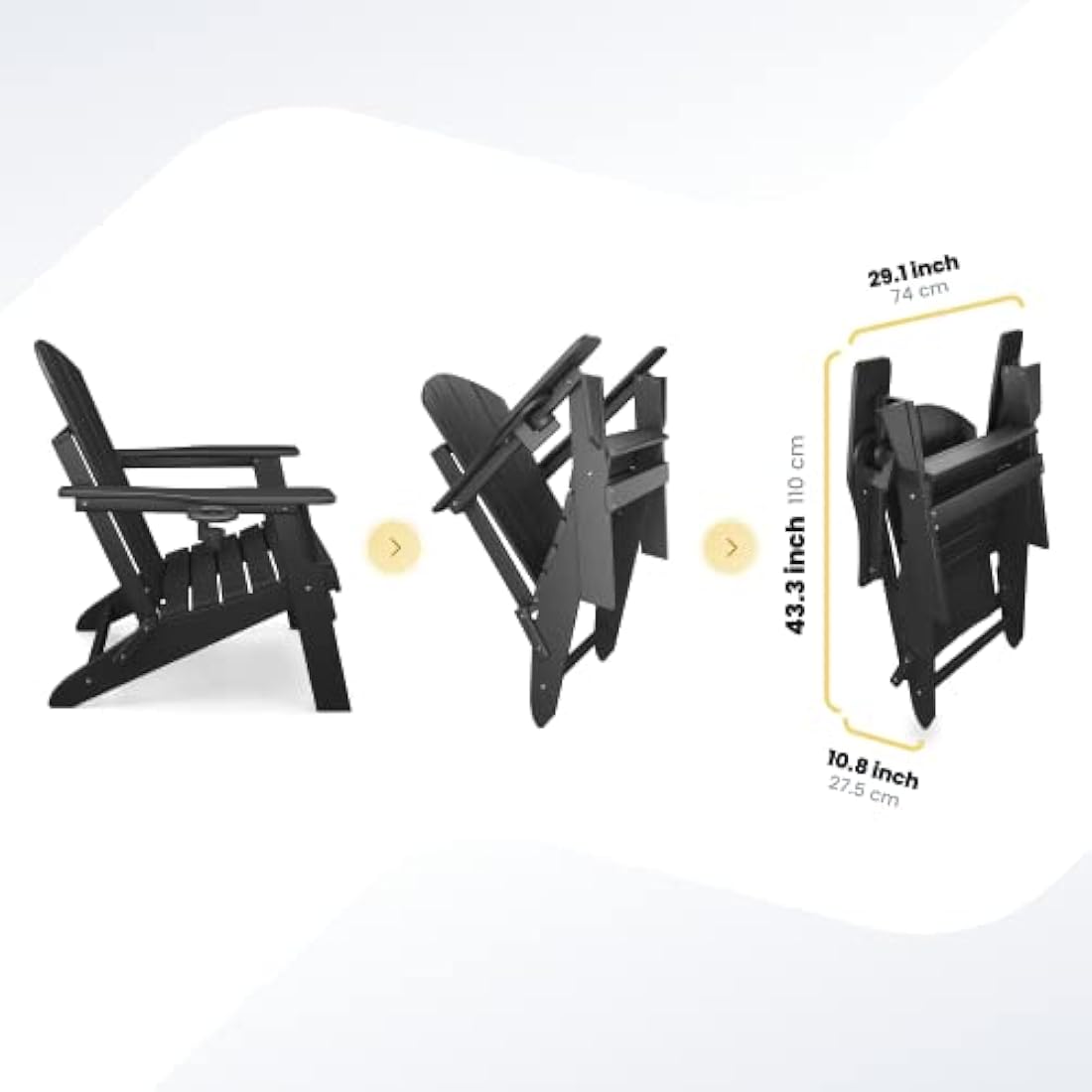 Sleek Space Adirondack Folding Chair for Garden, Patio or Deck - Arm Rests and Cup Holder - Lightweight, Weatherproof - Stylish, Durable Outdoor Furniture for Fire Pit, Beach, Poolside, Porch (Black)