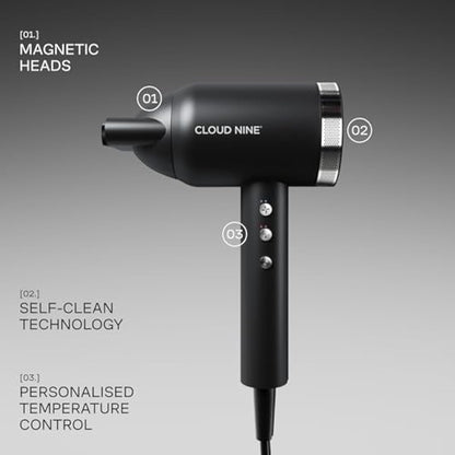 CLOUD NINE The Airshot Pro Hair Dryer | Powerful Salon Self Clean Mode Long Lasting Temperature Control | Eco Precision Motor Magnetic Diffuser | 1600W Lightweight & Portable
