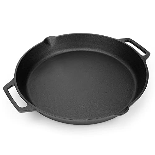 onlyfire Cast Iron Pan Serving Pan Frying Pan Casserole 13.8 inch Pre-Seasoned BBQ Grill Pan for Gas Grill, Charcoal Grill Frying Pan, Pizza Pan, Oven