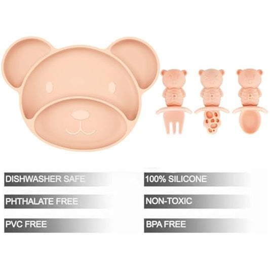 PandaEar Silicone Suction Plate, Spoon and Fork Set, Toddler Self-Feeding, BPA Free, Dishwasher & Microwave Safe, Bear Shape (Pink)