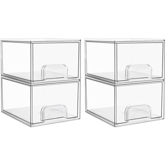 Vtopmart 4 Pack Clear Small Stackable Storage Drawers, Acrylic Bathroom Makeup Organiser, Plastic Storage Box For Vanity, Under Sink, Kitchen Cupboard, Pantry, Home Organization