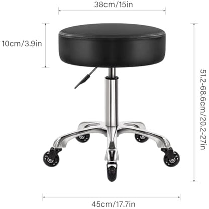 WKWKER Heavy Duty Beauty Stool On Wheels Swivel Adjustable Thick Leather Seat Chair For Kitchen Drafting Lab Office Massage Black