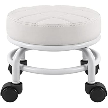 FURWOO Roller Seat PU Leather Low Round Rolling Floor Stool with Universal Caster Wheels for Home Fitness Sport Pedicure Stool, H：25.5cm(White)