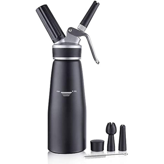 Sivaphe Cream Dispenser Whipped Cream Black Siphon Aluminum for Home Party Dessert 500ML with Cleaning Brush, 3 Decorating Nozzles