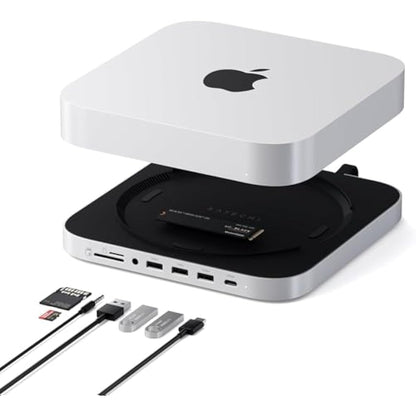 SATECHI Mac Mini Hub & Stand with SSD Enclosure for NVME/SATA M.2, Mac Mini Dock with USB-C 10Gbps, 3 USB-A 5/10Gbps, 2.0 Audio Jack, for Mac Studio, Mac Mini M2/M1 (Not Compatible with M4) – Silver