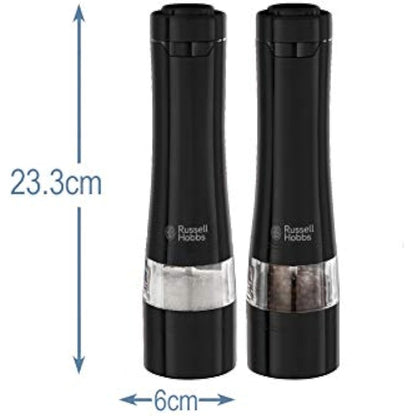 Russell Hobbs 28010-56 Electric Salt and Pepper Mill Set [2 Automatic Grinders] Black Stainless Steel (Adjustable Grinding Fineness, Ceramic Grinding Wheels, for Dried Spices, LED Lighting)