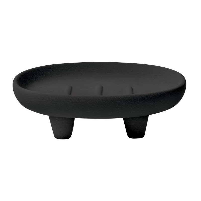 SPIRELLA - Organic Soap Dish Made of Stoneware and Acacia or Matte Blackwood 18.2 x 8.5 cm for an Elegant and Environmentally Friendly Bathroom with