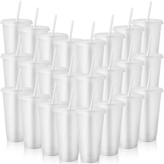 24 Pcs Reusable Cups with Lids and Straws 24 oz Glitter Iced Coffee Tumbler Plastic Travel Mug Cup for Smoothie Juices Birthday Sleepover Party Supplies (Clear)