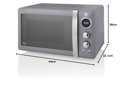Swan SM22030LGRN Retro LED Digital Microwave with Glass Turntable, 5 Power levels & Defrost Setting, 20L, 800W, Grey