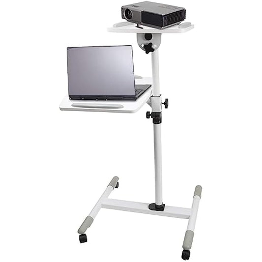 Properav Mobile Desk Workstation & Projector Trolley - White | Moveable On Caster Wheels | Adjustable Height 850-1100mm | 10kg Capacity | For Laptop, Projector, Consoles & More