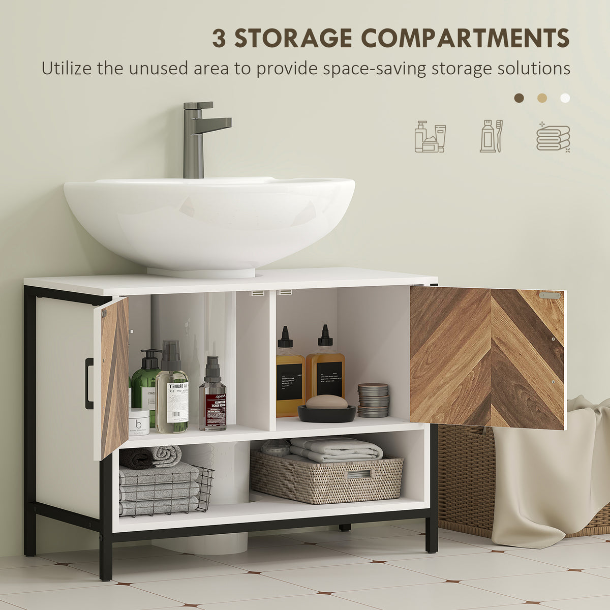 HOMCOM Under Sink Bathroom Cabinet, Rustic Under Sink Cabinet for Basin with or without Pedestal, Cream White and Walnut