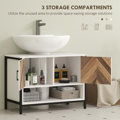 HOMCOM Under Sink Bathroom Cabinet, Rustic Under Sink Cabinet for Basin with or without Pedestal, Cream White and Walnut