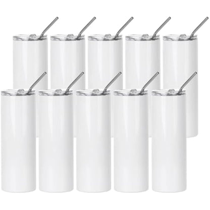 PYD Life 10 Pack Sublimation Tumblers Bulk Blank 20 OZ Skinny White Stainless Steel Tumbler Cups with Straw and Lid for Mug Tumbler Heat Press Sublimation Oven Printing