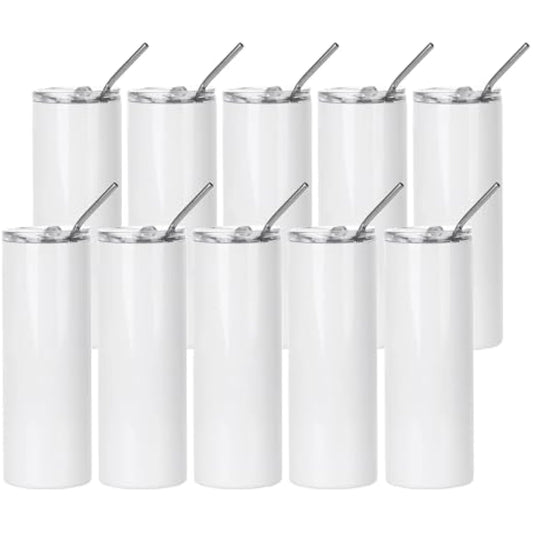 PYD Life 10 Pack Sublimation Tumblers Bulk Blank 20 OZ Skinny White Stainless Steel Tumbler Cups with Straw and Lid for Mug Tumbler Heat Press Sublimation Oven Printing