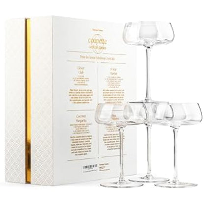 GLASSIQUE CADEAU Crystal Cocktail and Champagne Coupette Glasses | Set of 4 | 260 ml Elegant Long Stemmed Coupe Glassware for Gimlet, Espresso Martini, Daiquiri, Cosmopolitan | Fancy Round Saucers