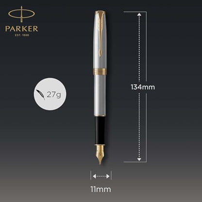 Parker Sonnet Fountain Pen | Stainless Steel with Gold Trim | Fine Nib | Gift Box