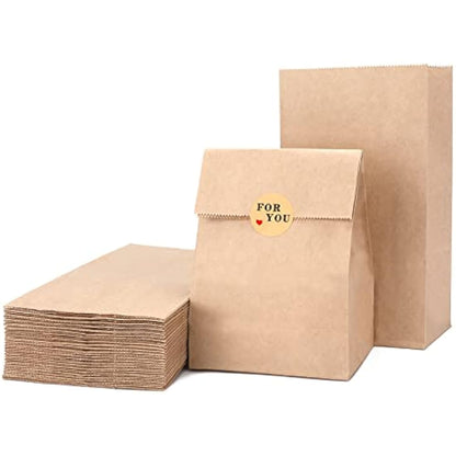 G2PLUS 50 Brown Kraft Bags - 13x8x24 CM Medium, Candy Paper Bags with Stickers for Snack, Birthday, Wedding, Easter & Xmas Party
