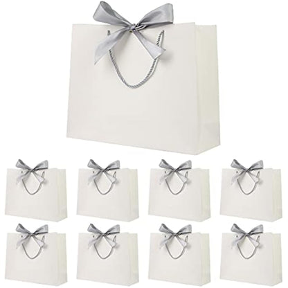 Gift Bags White with Silver Bow Ribbon,Luxury Present Bags for Birthday,Weddings,Party,Bridesmaid,Bridal Shower,12.6x9.8x3.9inches,(White,8 Pack)